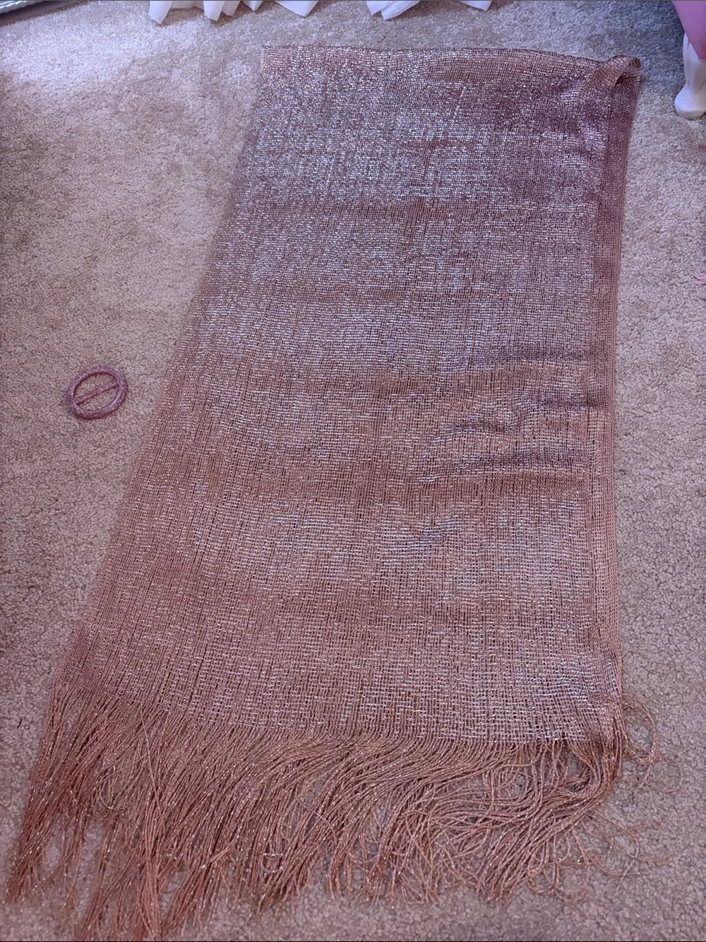 Shimmery Rose Gold Fringe Shawl Scarf with plastic circle